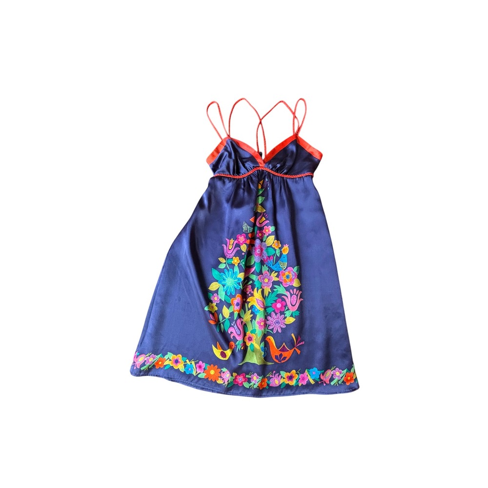 Boho Floral Voom Joy Han 100% Silk Empire Waist Mini Dress S Navy Blue Vintage - Picture 7 of 12